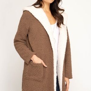 LONG SLEEVE HOODED SHEARLING FLEECE COAT